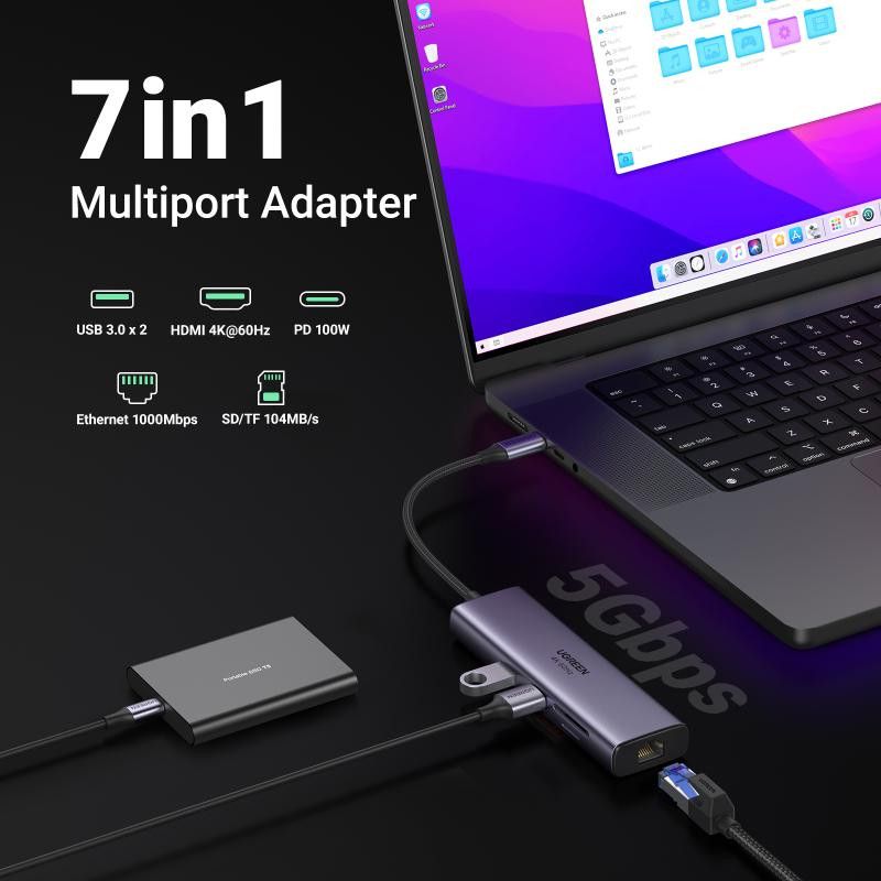 UGREEN Adaptateur Multiport 7-en-1 4K HDMI vers USB C *60515 · Dock Station · Informat Systems Strasbourg (image 3)