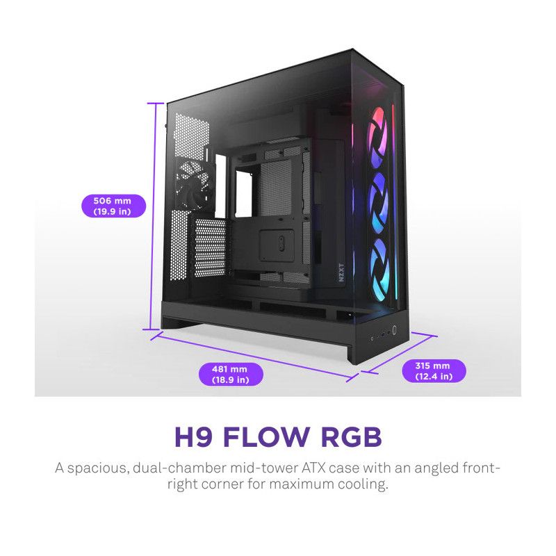 NZXT H9 Flow RGB (CM-H92FB-R1) Dual-Chamber Mid-Tower Case w/ RGB Fans - · Boîtiers · Informat Systems Strasbourg (image 2)