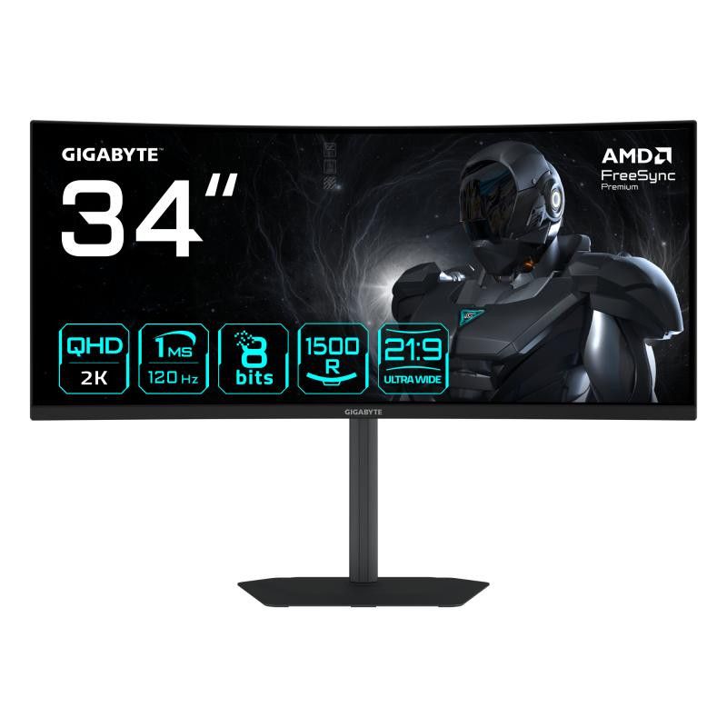 GIGABYTE GS34WQCA Écran Gaming Incurvé 34" WQHD ? 3440 x 1440, 1500R, 120Hz, 1ms, 300 cd/m², FreeSync Premium, HDR Ready, ...