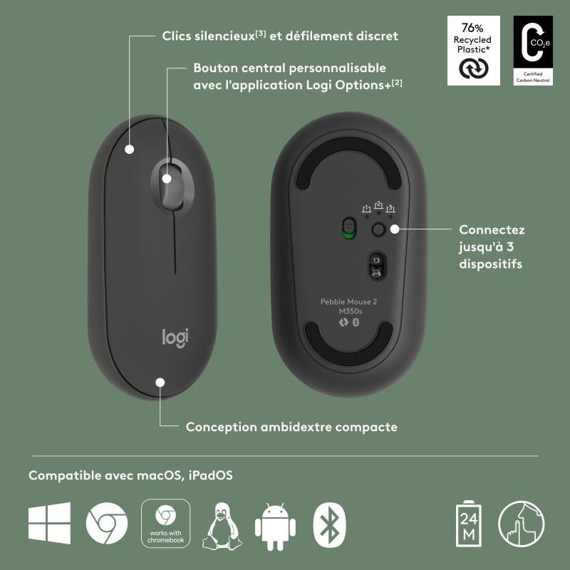 Logitech Pebble 2 M350s souris Voyage Ambidextre RF sans fil + Bluetooth Optique 4000 DPI · Souris PC · Informat Systems S... (image 13)